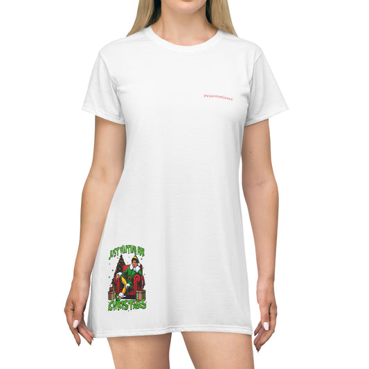 Princess Grace Festive Holiday T-Shirt Dress - "Just Waiting for Christmas"