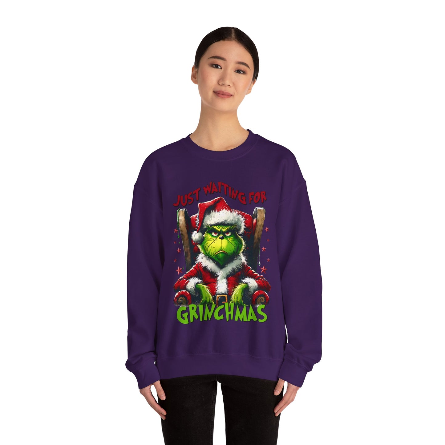 Funny Grinch Crewneck Sweatshirt - Just Waiting for Grinchmas - Unisex Heavy Blend