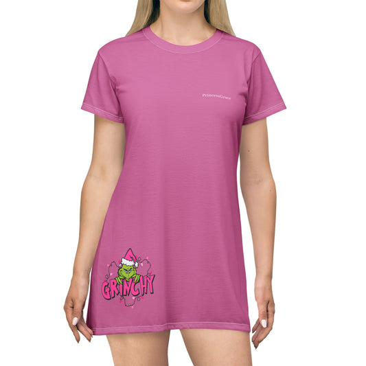 Princess Grace Grinchy Pink T-Shirt Dress - Festive & Fun Holiday Style