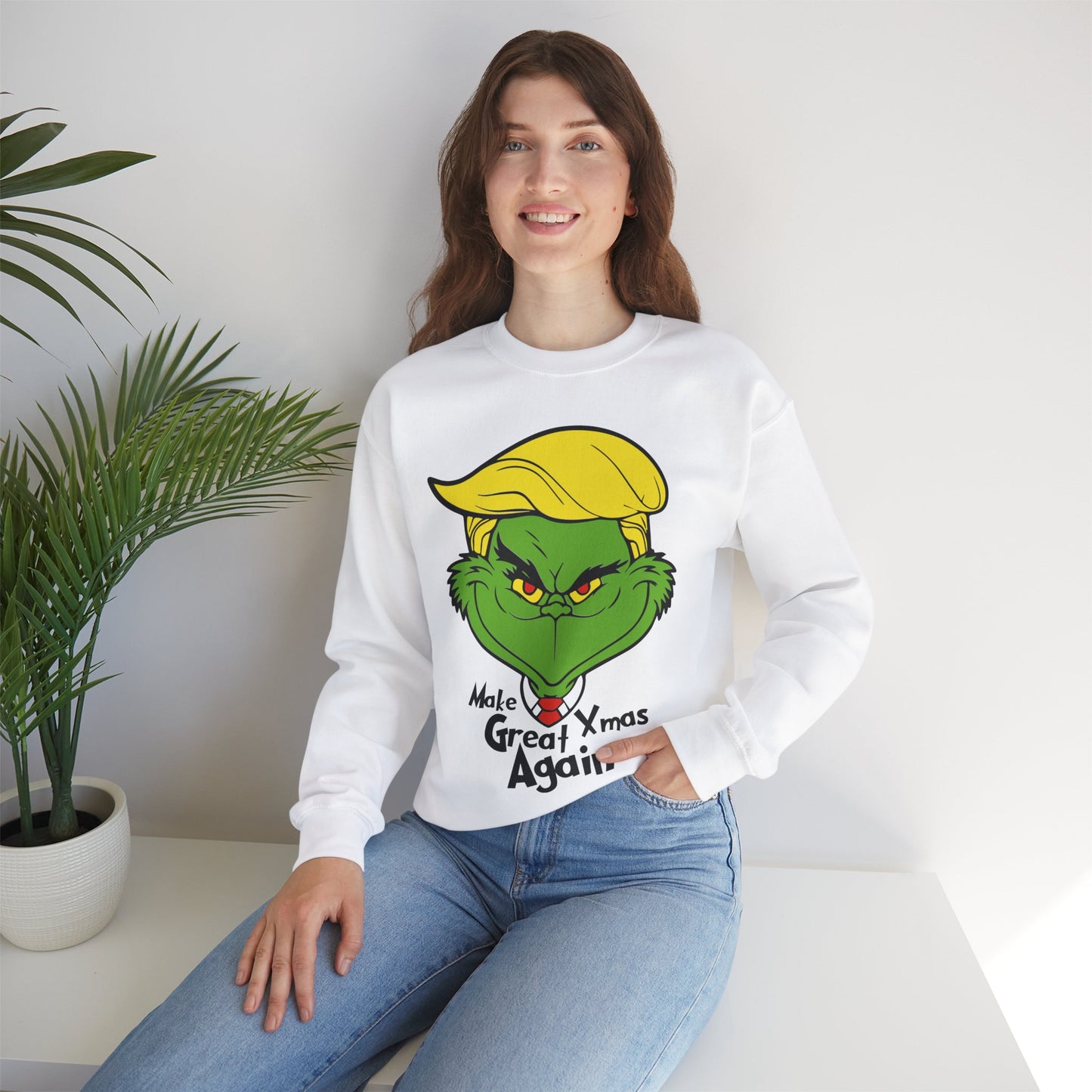 Funny Grinch Christmas Sweatshirt - Unisex Heavy Blend™ Crewneck with "Make Christmas Great Again" Design